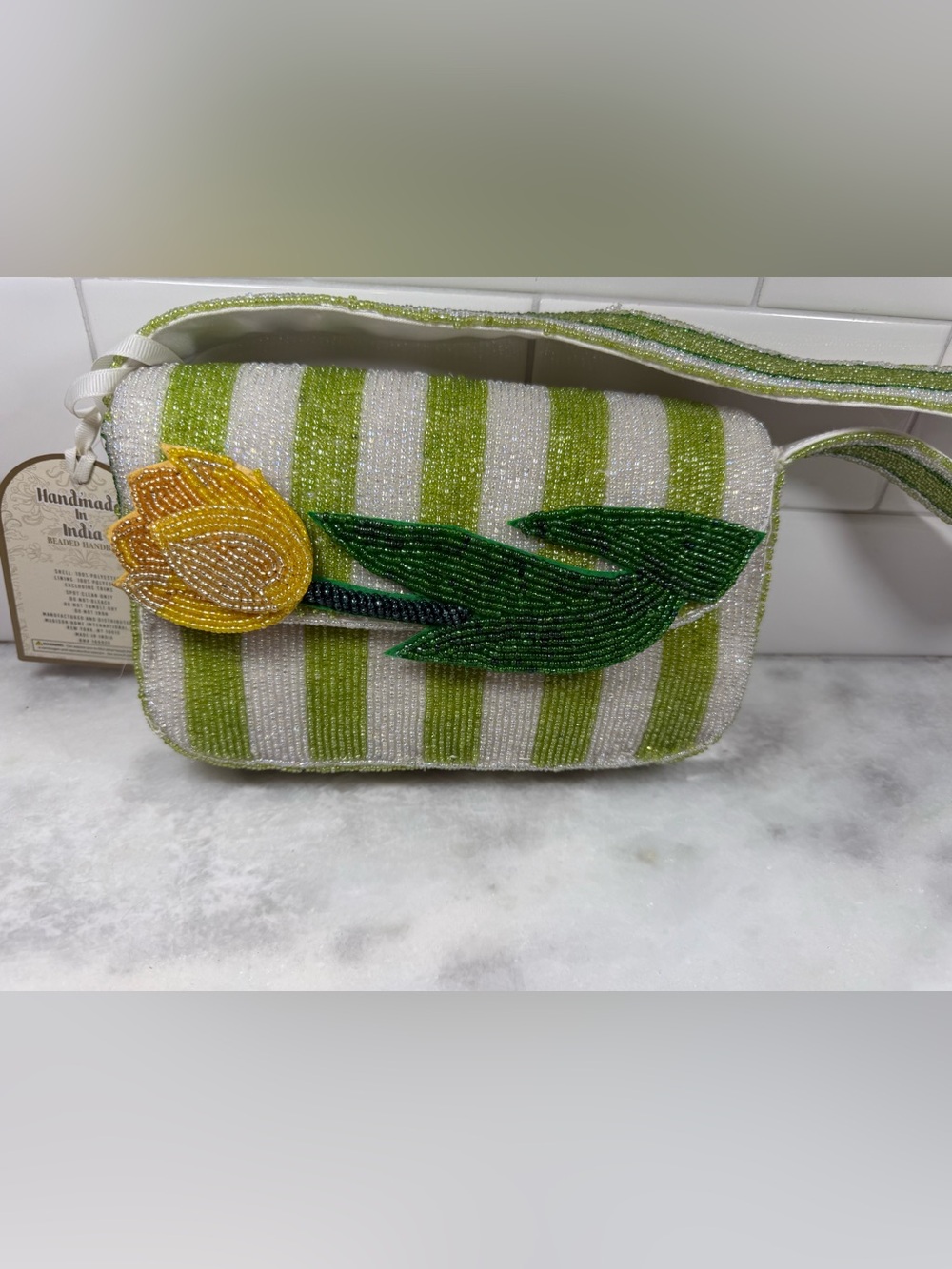 NEW RELEASE Made In India Beaded Floral Tulip Bag yellow Green White Stripe NWT